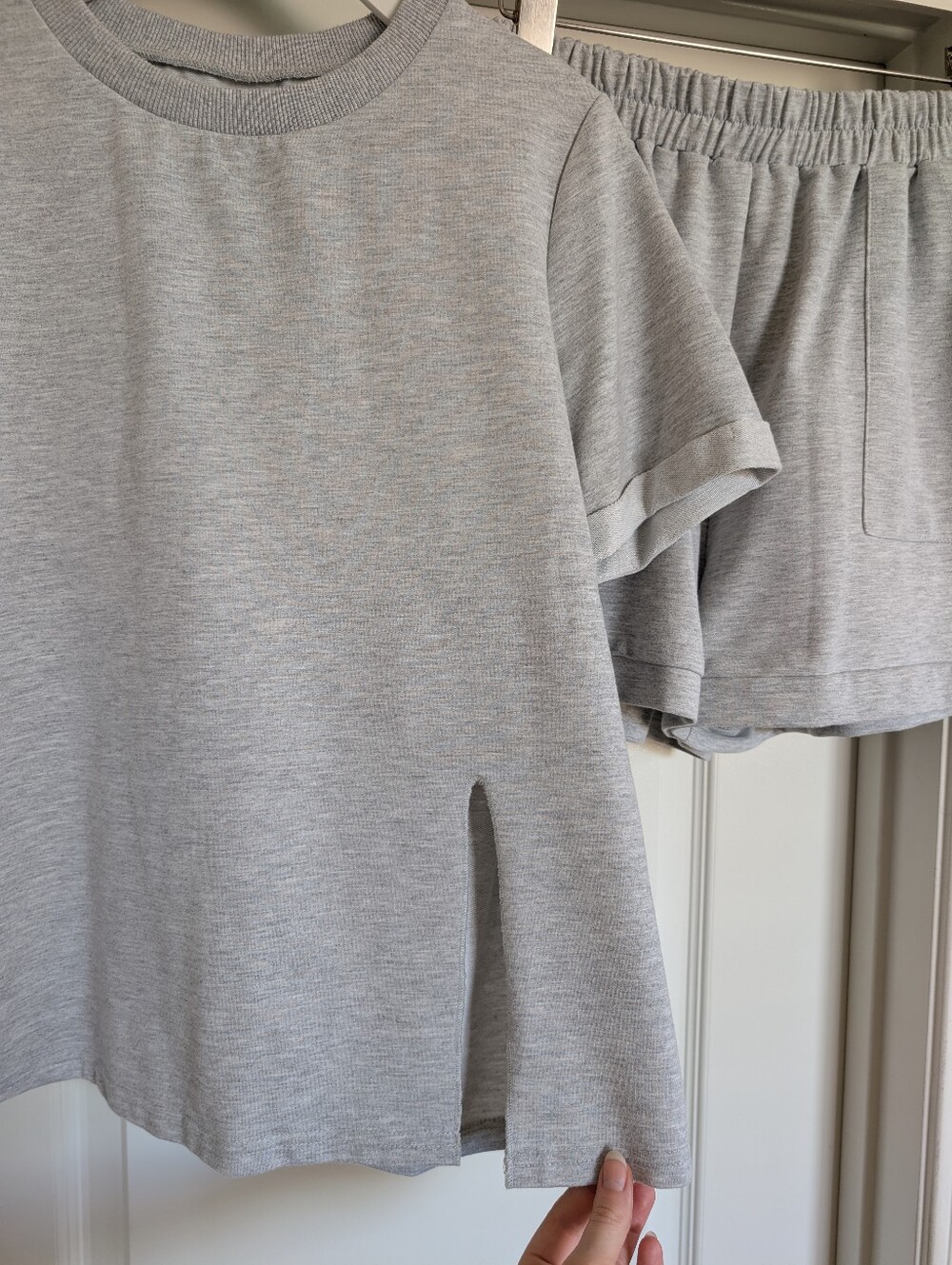 Light Grey Short Sleeve Split Hem Top & Shorts Set